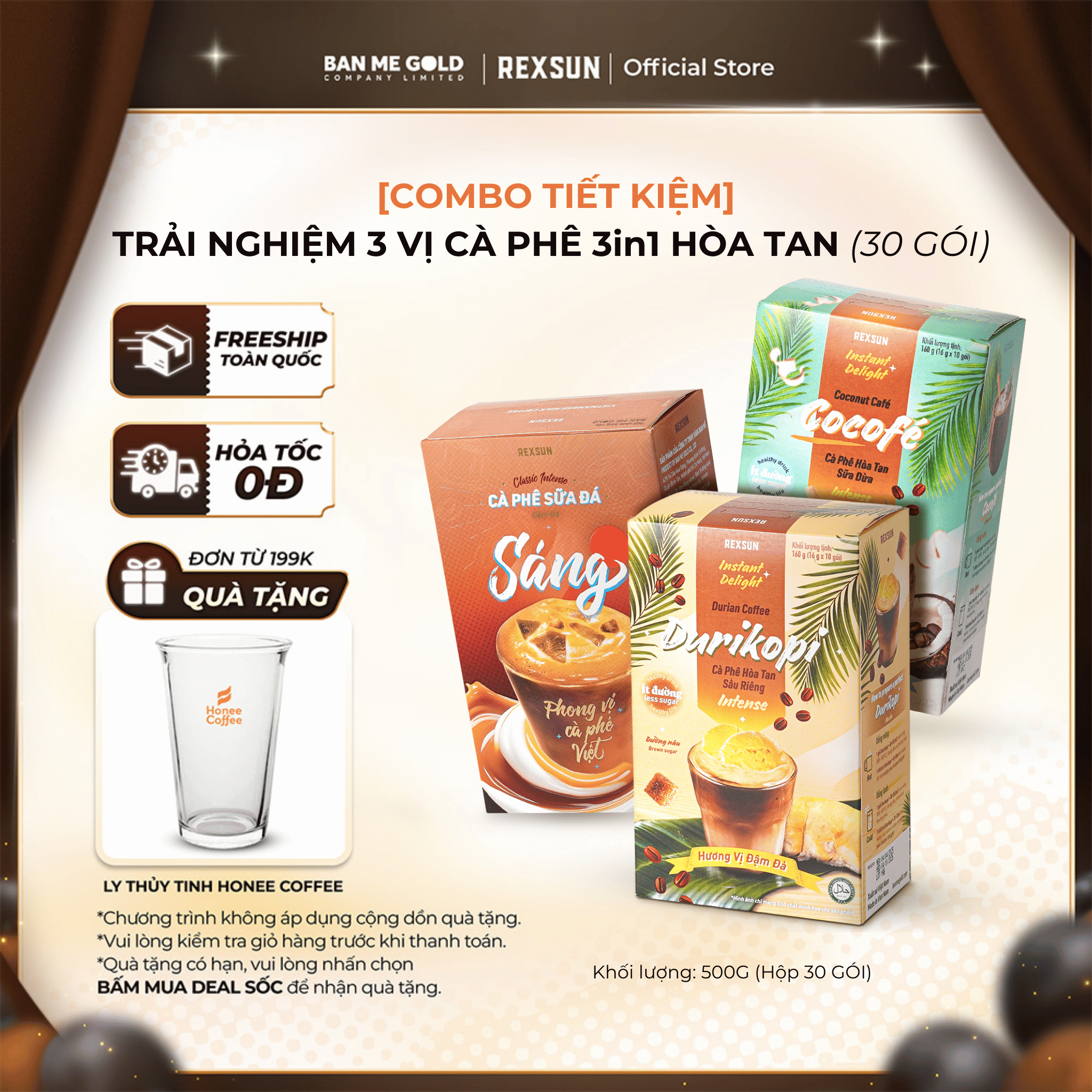   TẶNG TÚI CANVAS  Combo 3 Hộp Cà Phê Hòa Tan Sữa Dừa ĐẬM ĐÀ Sầu Riêng ĐẬM ĐÀ Sữa Đá ĐẬM ĐÀ - Cafe Gói Hòa Tan 3in1 - Rexsun 