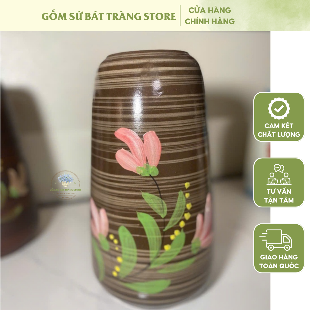 Lọ Hoa - Bình Hoa Decor - Bình Gốm Bát Tràng Hoạ Tiết Hình Bông Hoa Xinh Xắn Cao 28cm - Dài 16 - Miệng 8cm