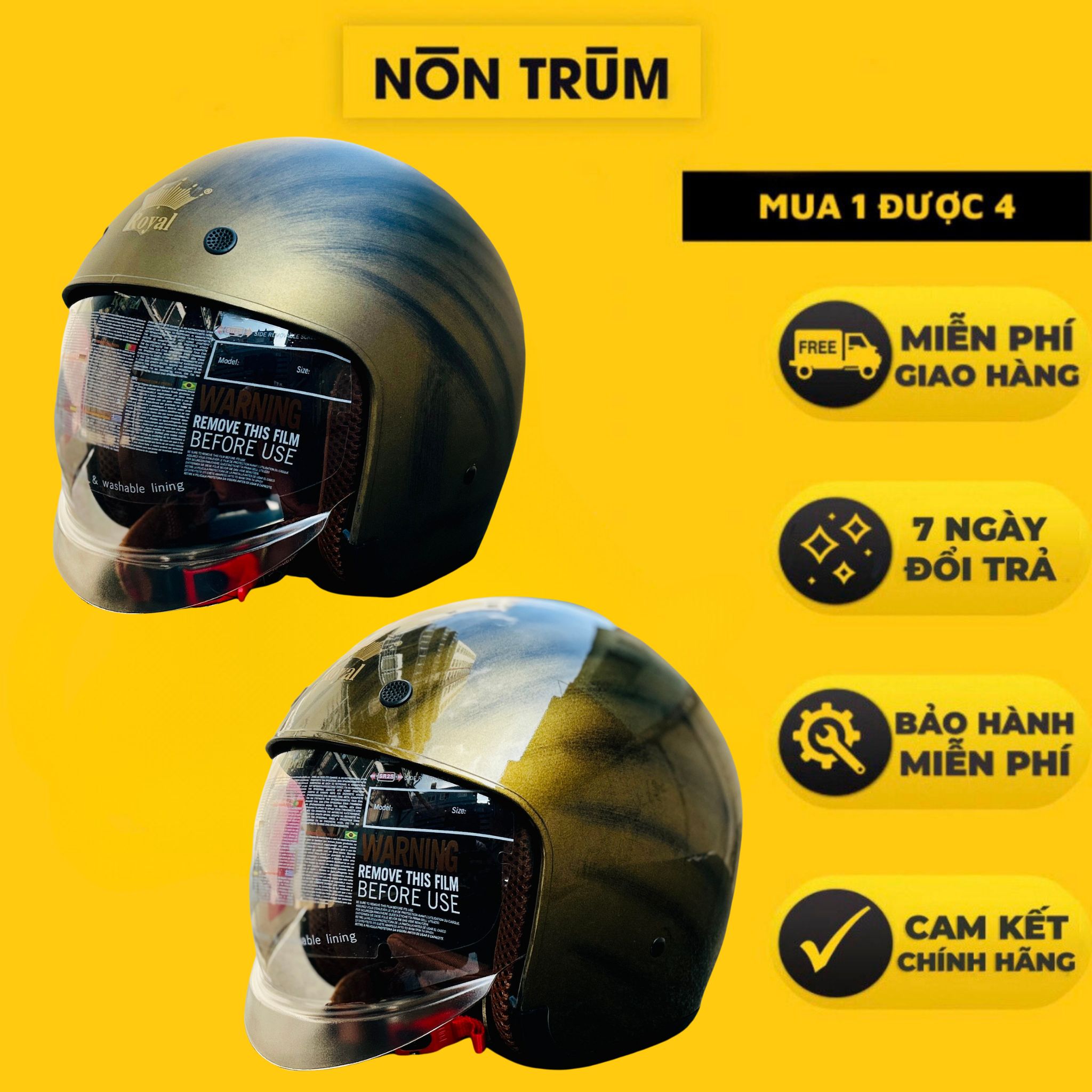 Mũ bảo hiểm 3/4 Royal M139 kính âm tem đồng xước, nón xe máy chính hãng nam nữ có lỗ thông gió - Nón Trùm