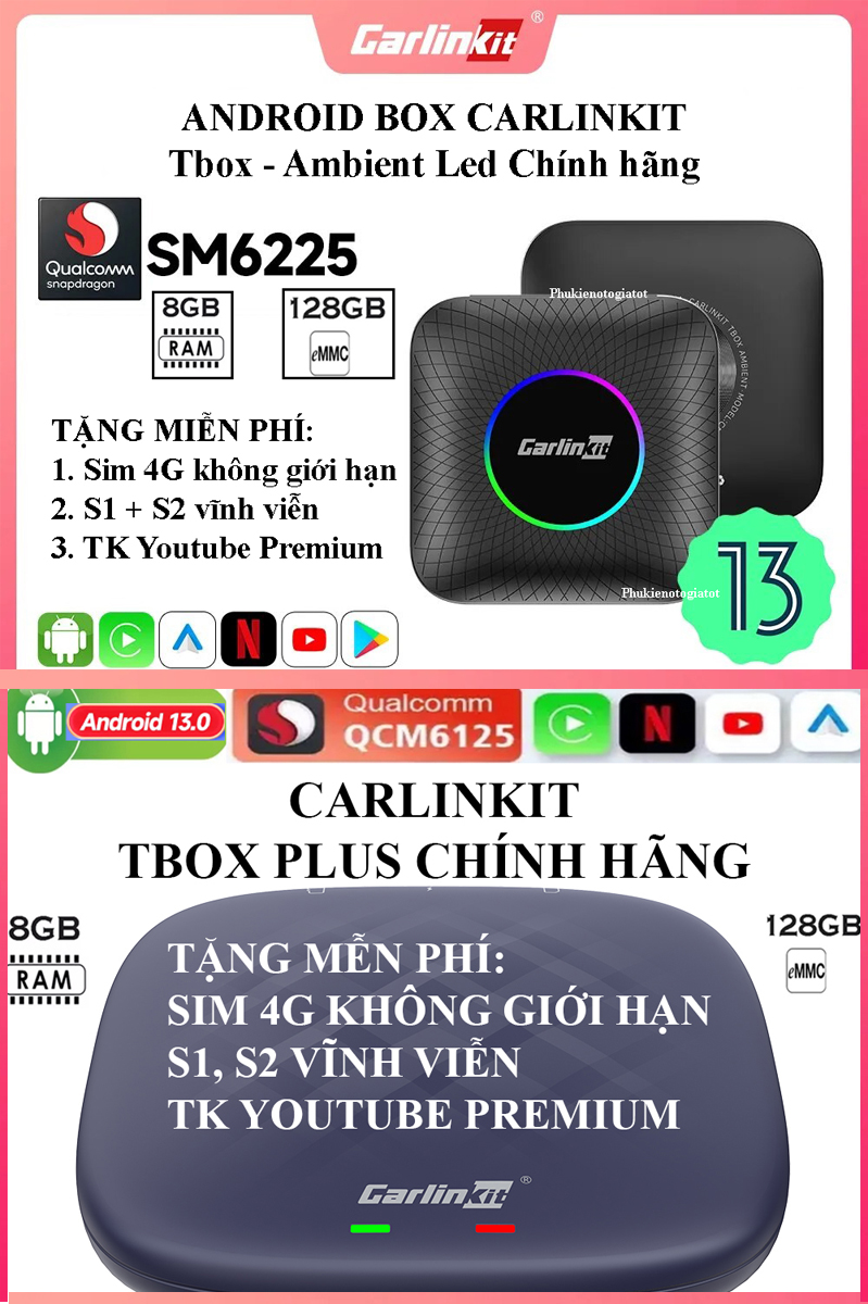 Carplay Android Box ô tô Carlinkit Tbox Ambient Led Qualcomm 6225, Tbox Plus Qualcomm 6125 tặng Vietmap S2