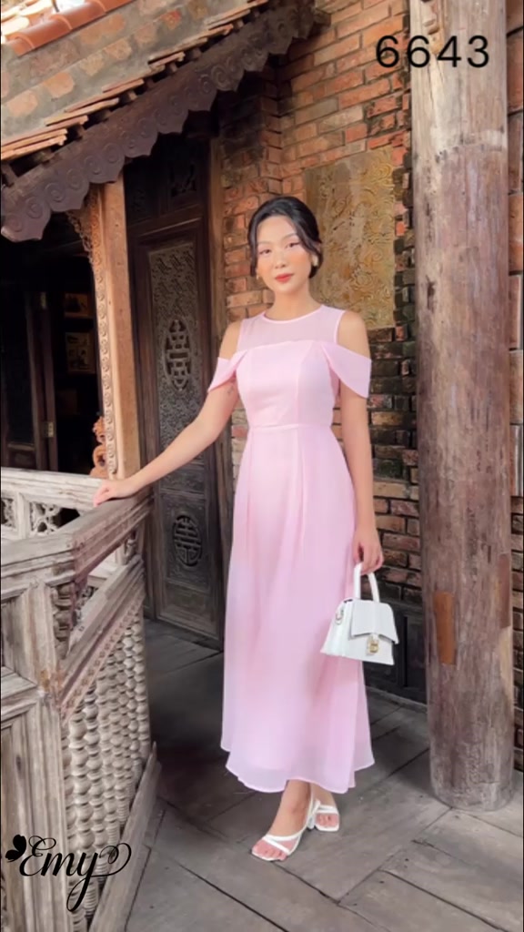 Đầm emy em6643 maxi hồng rớt vai