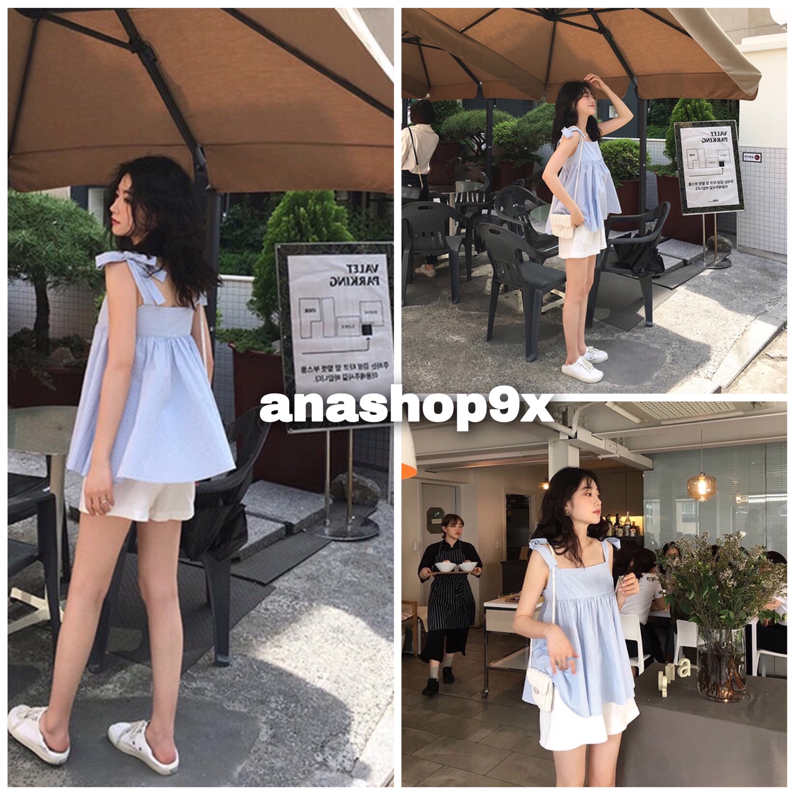 Set đồ nữ cá tính phong cách hàn quốc/ Set đồ nữ gồm áo dáng babydoll xòe chất đũi xốp mix quần sooc trắng kaki cạp chun ống rộng anashop9x