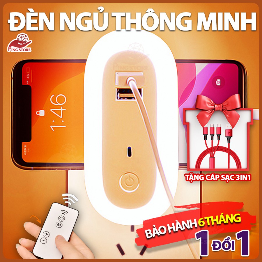 Đèn ngủ Oval điều khiển từ xa - Đèn ngủ thông minh - tích hợp 2 cổng sạc nhanh điện thoại - 3 chế độ - 10 cấp độ sáng - có hẹn giờ hot 2021