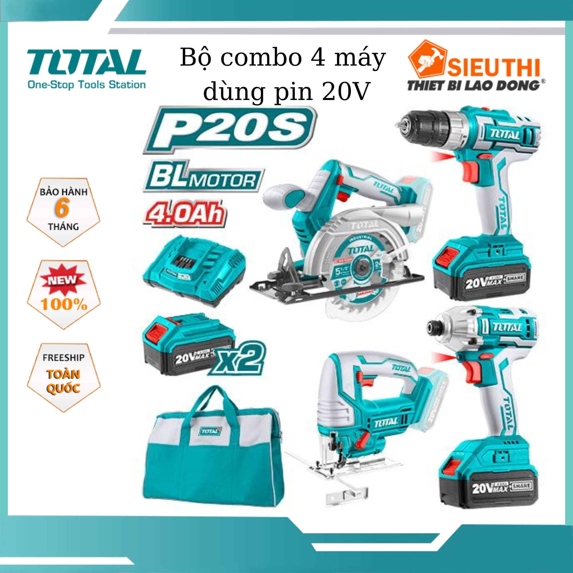 Bộ 4 máy cầm tay dùng pin 20V TOTAL TCKLI2010 gồm máy khoan, máy bắn vít, máy cưa lọng, máy cưa đĩa, 2pin 4a.h và 1 sạc
