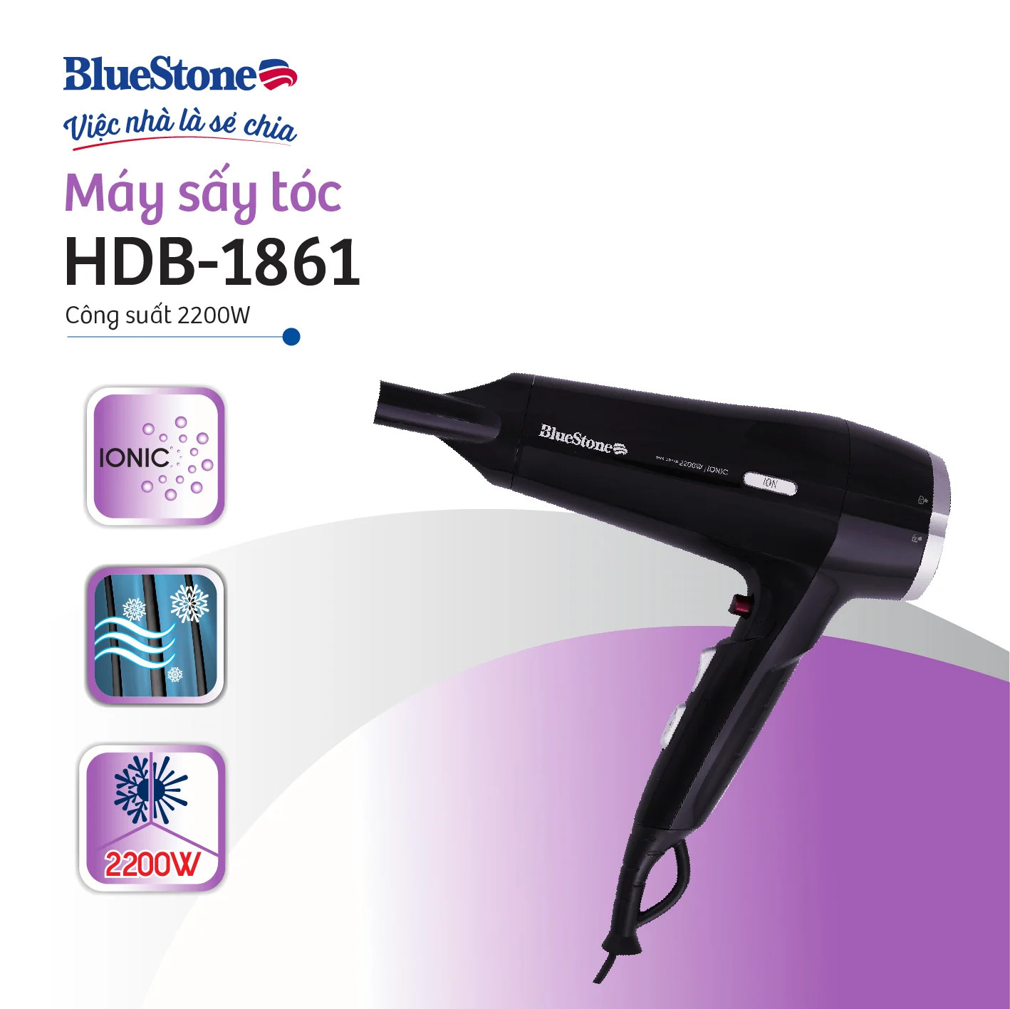 Máy sấy tóc bluestone hdb-1861,sấy ion - công suất 2200w, bảo hành chính hãng 2 năm