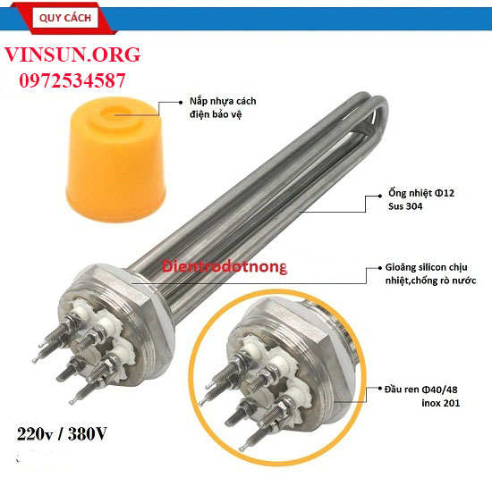 Củ thanh nhiệt nồi hơi nồi cháo nồi đậu inox 304 chuẩn điện gen d48