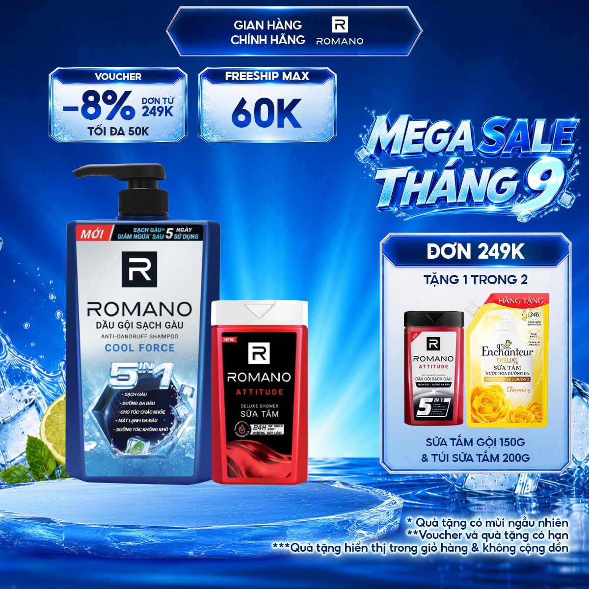 Dầu gội Romano sạch gàu hương nước hoa Force + Tặng sữa tắm 150g