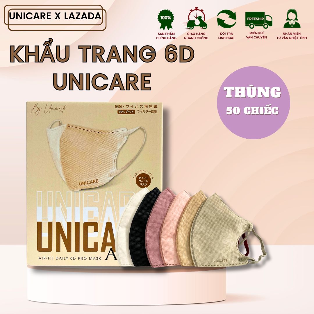 Thùng 50 chiếc khẩu trang UNICARE 6D 6 màu thời trang, Khẩu trang chính hãng 3 lớp, Khẩu trang kháng khuẩn, Khẩu trang kháng bụi siêu mịn thế hệ mới