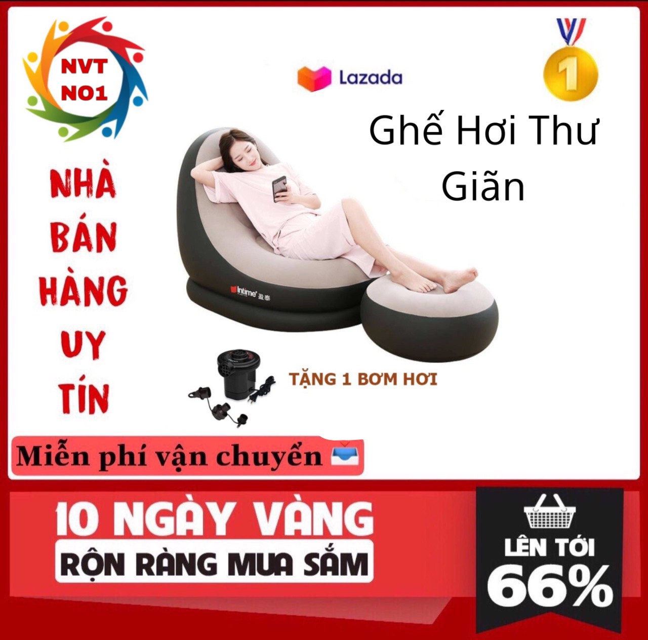 ( GIÁ TỐT ) Ghế Nệm Hơi Tựa Lưng Intime 2 Chi Tiết Chống Mỏi Cổ Và Mỏi Lưng Cao Cấp - Tặng Bơm Điện, Uy Tín, Chất Lượng Tốt - Bảo Hành 12 Tháng, Lỗi 1 Đổi 1