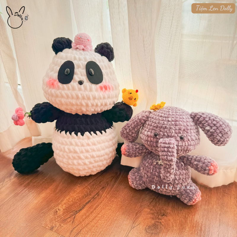 Bé voi tím, gấu bông con voi móc len nhung ống  - Tiệm Len Dolly (gấu bông voi, con voi gấu bông, voi nhồi bông,...