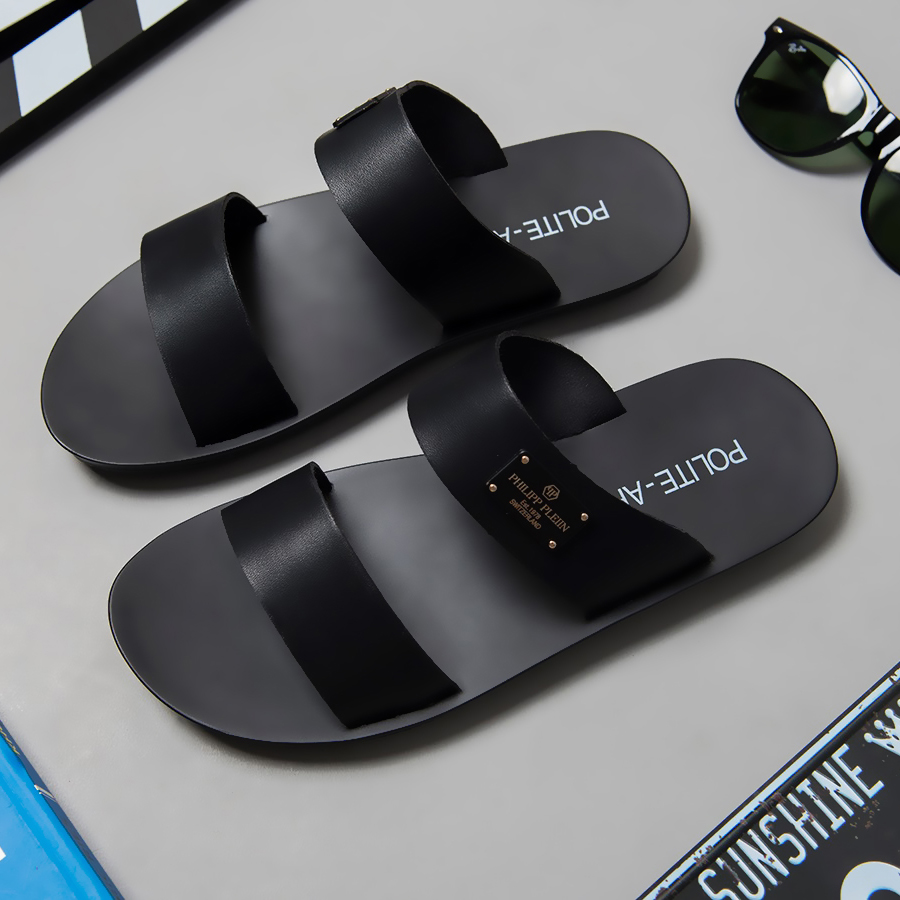 Dép da nam dép Xăng đan nam Sandal nam da bò xịn quai ngang quai hậu cao cấp xuất khẩu thời trang đẹp giá rẻ Q-16 màu đen