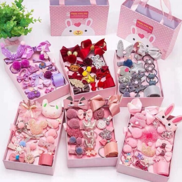 [HCM]HỘP 18 NƠ KẸP TÓC KÈM DÂY BUỘC TÓC CÔNG CHÚA XINH XẮN CHO BÉ GÁI - HỘP QUÀ TẶNG GIỎ XÁCH 18 DÂY CỘT TÓC CAO CẤP CHẤT LƯỢNG TỐT CHO BÉ