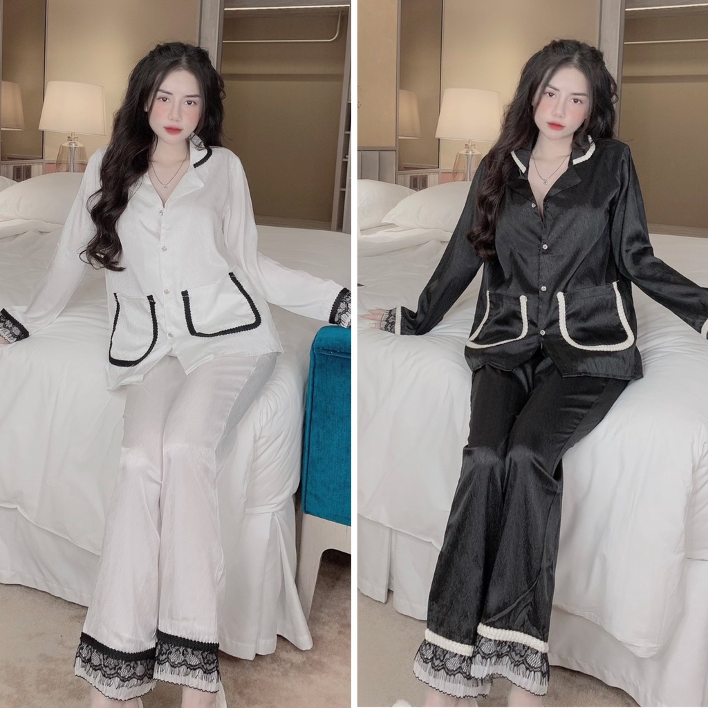 Đồ bộ nữ tay dài viền ren phối túi phong cách quảng châu - đồ ngủ, pyjama lụa xước freesize