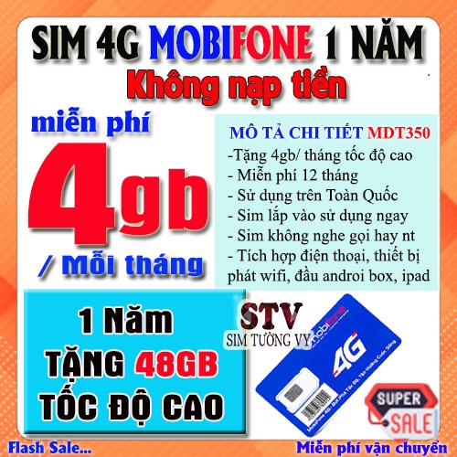 Sim 4G - 5G Mobifone MDT350( 4GB/THÁNG), 12MDT50 (5GB/NGÀY), 12MDT150 (500GB/THÁNG), MFY, 6MDT150 (500gb/tháng x 6 tháng ).Freeship- chưa kích hoạt