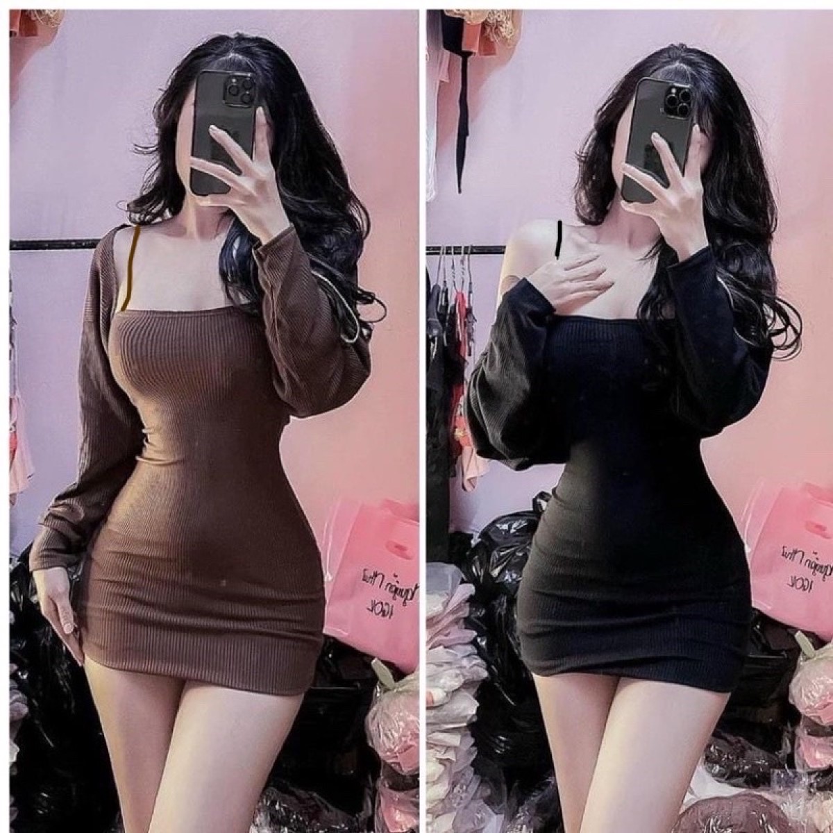 Sét bộ nữ đầm 2 dây phối áo khoác ngoài chất vải thun gân len 4 chiều