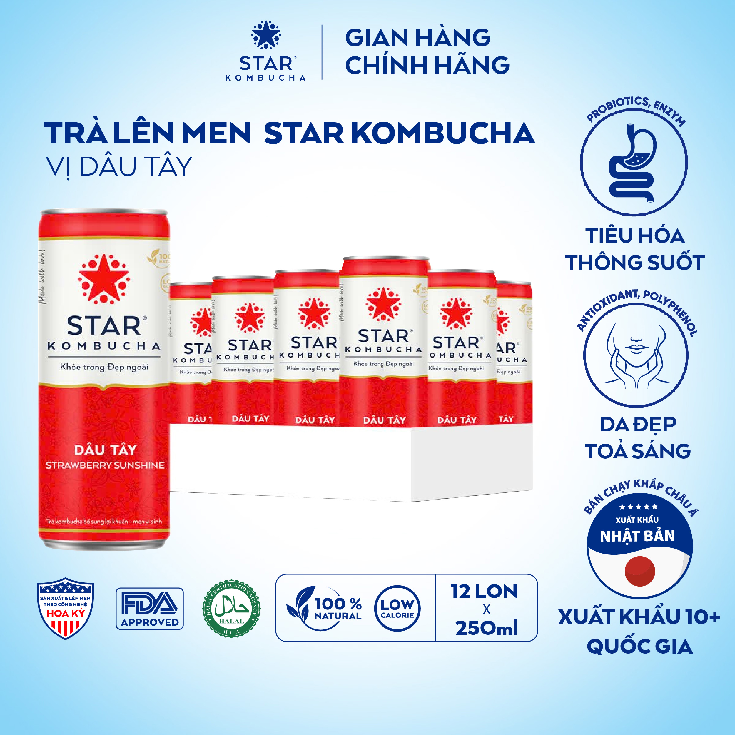 Thùng 12 lon trà STAR KOMBUCHA Dâu Tây / Strawberry Sunshine (250ml/lon) - Trà lên men vi sinh chứa probiotics giúp bảo vệ sức khoẻ, thanh lọc toàn diện, tăng đề kháng dùng cho mọi lứa tuổi, Chứng Nhận FDA tiêu chuẩn Mỹ