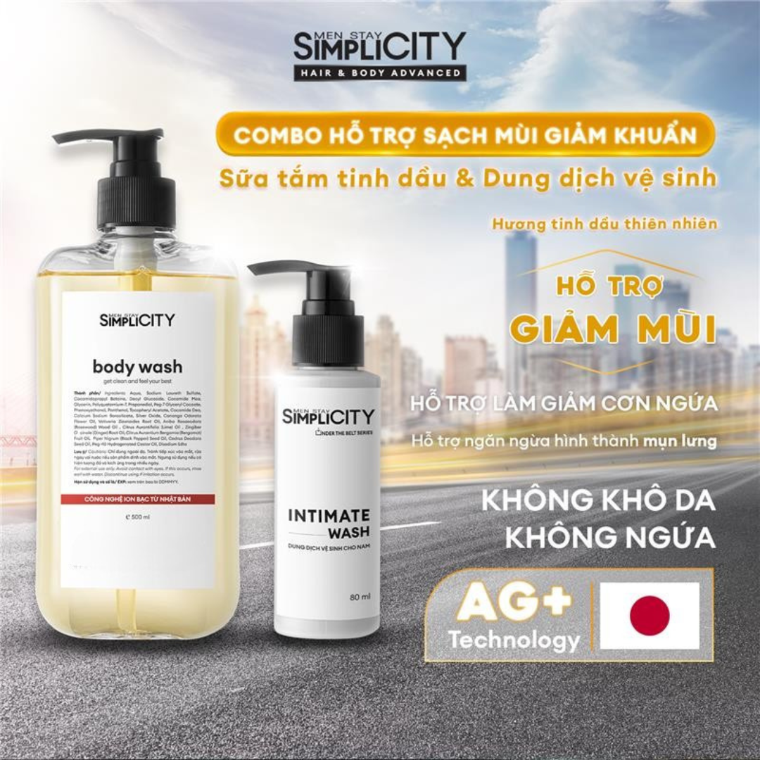 Bộ đôi tắm sạch toàn thân: Sữa tắm tinh dầu cao cấp 500ml và Dung dịch vệ sinh nam 80ml làm sạch & ngăn mùi Men Stay Simplicity