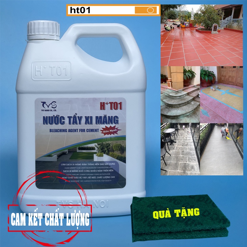 Chất tẩy xi măng HT01 1,8 Lít, tẩy xi măng trên nền gạch các loại, Tặng miếng cọ khi mua sản phẩm