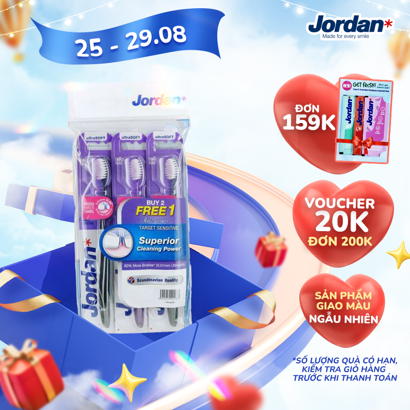 Bộ 3 bàn chải đánh răng Jordan Target Sensitive, Lông siêu mềm siêu mỏng 0.01mm