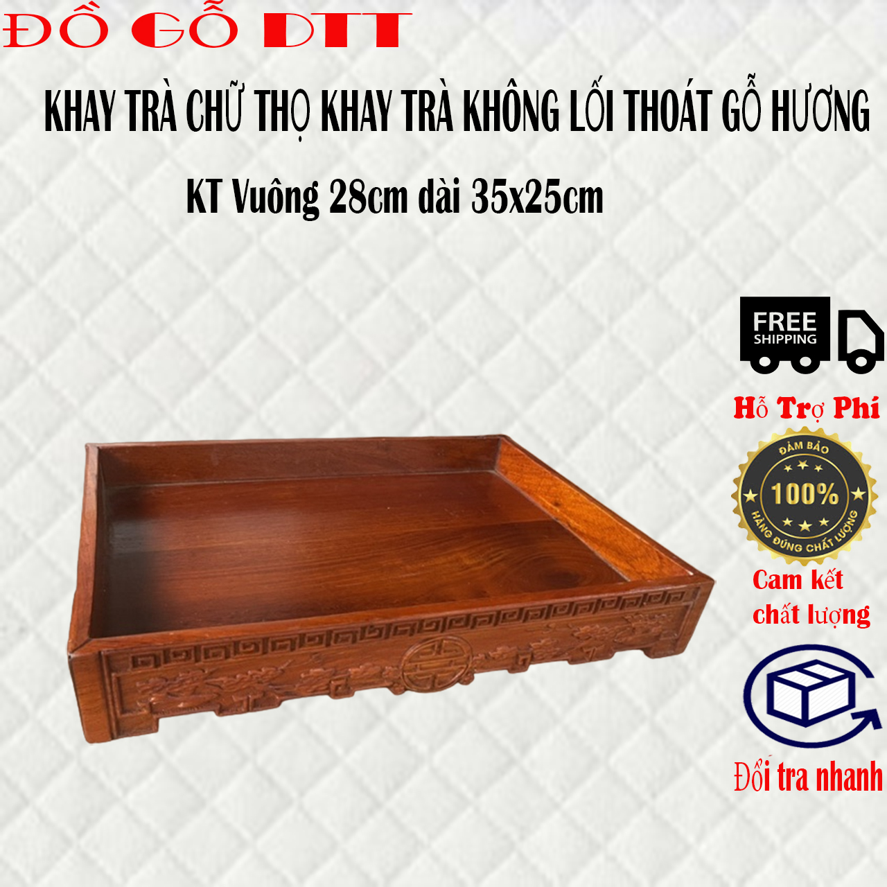 Khay trà vuông đục họa tiết 4 cạnh khay trà vuông không lối thoát gỗ hương