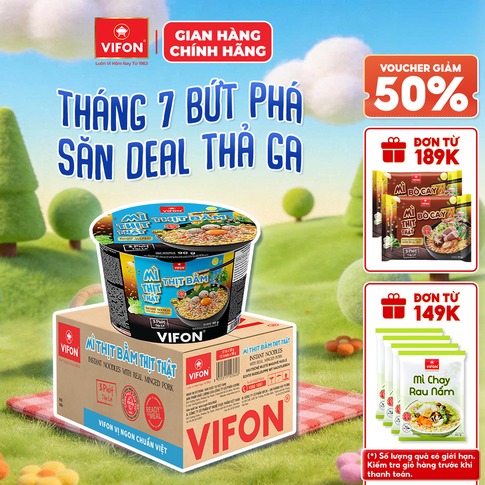 [Mua 2 thùng - Giảm ngay 28%] Thùng 12 Tô Mì Thịt Bằm/ Riêu Cua/ Bò Cay Thịt Thật VIFON 90g Có Gói Thịt Thật Dạng Tô Tiện Lợi