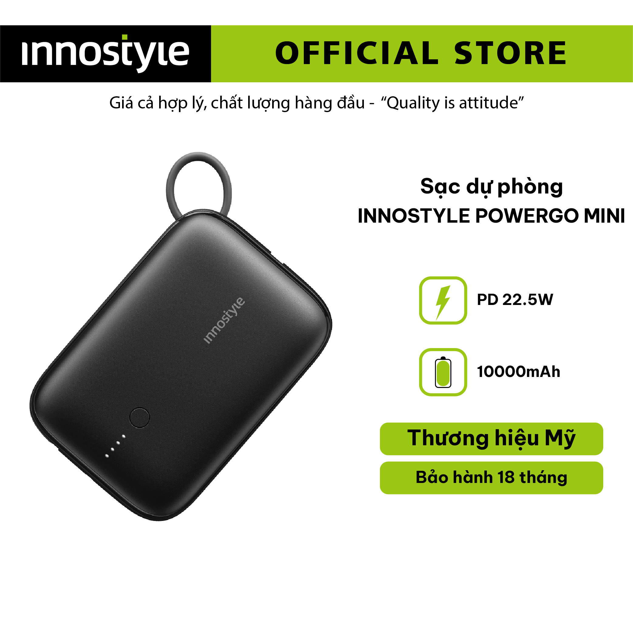 Sạc dự phòng innostyle powergo mini 10000mah sạc siêu nhanh thiết kế nhỏ gọn tiện lợi với 2 cổng sạc