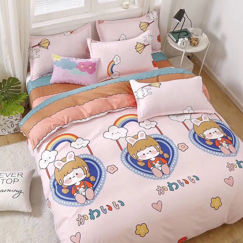 [HOT SALE] Bộ Chăn Ga Gối Đệm 5 Món Hình Cô Bé- Không Phai, Không Xù
