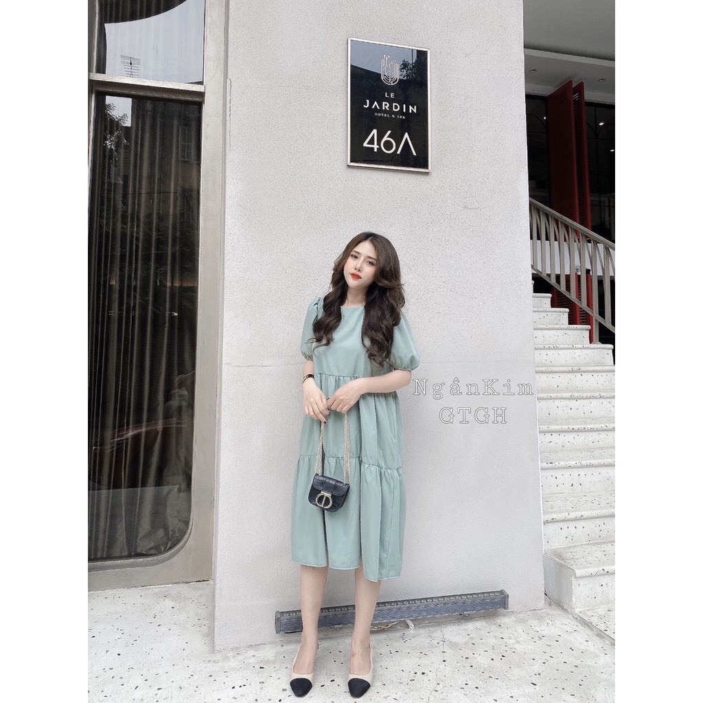 Váy bầu công sở thiết kế babydol tay bồng V15 đầm bầu suông màu xanh chất liệu trượt lạnh mềm mát có khóa sau phù hợp mặc công sở dáng dài qua gối full size S/M/L