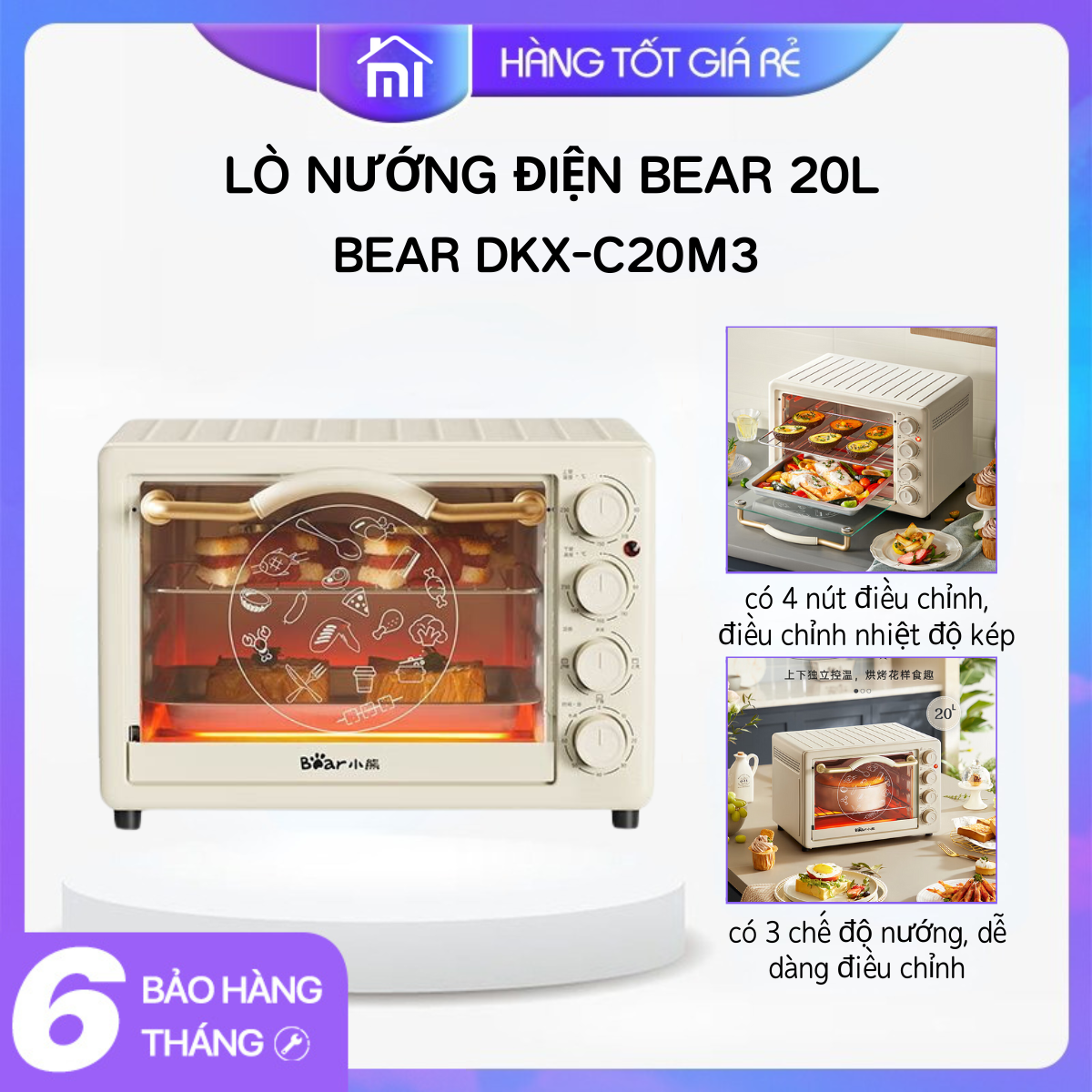 Lò nướng 20L chính hãng Bear DKX-C20G2, chuyên dùng để nướng thịt, nướng bánh mì và quay thực phẩm - Mijia