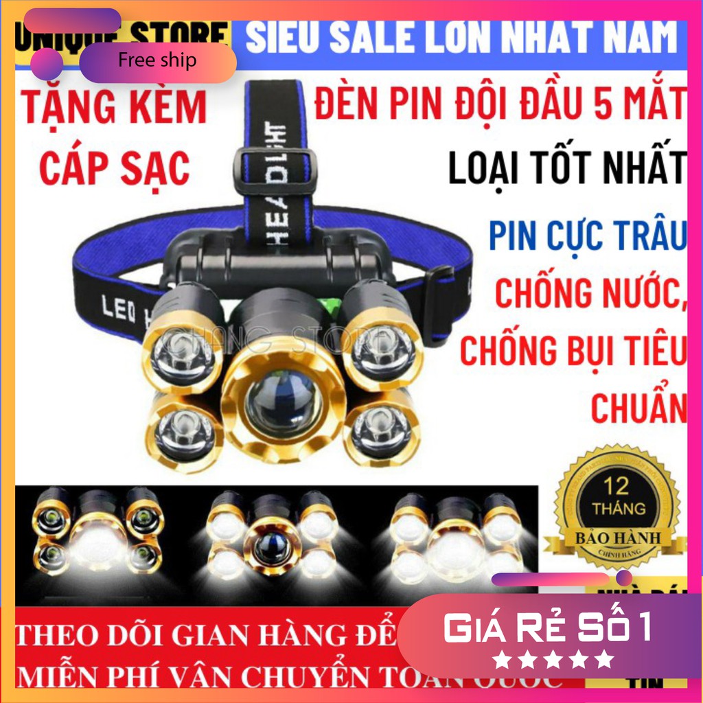 Đèn pin siêu sáng đội đầu 5 mắt phiên bản mới bóng to hơn sáng hơn, tặng kèm cáp sạc bảo hành 12 tháng, den pin sieu sang, đèn pin, đèn pin siêu sáng