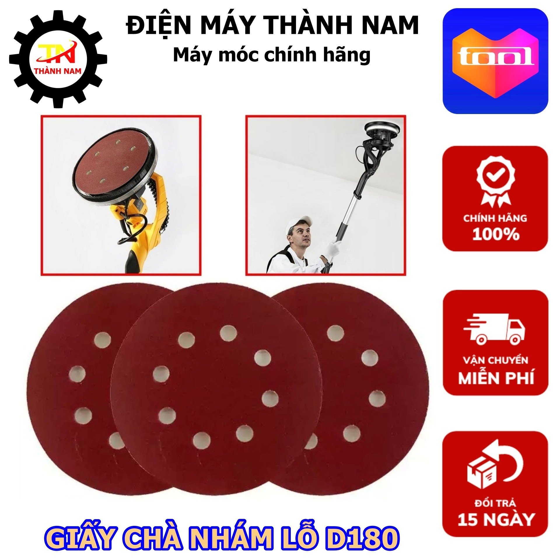 Hộp 100 tờ giấy chà nhám tròn có lỗ đường kính 180 - Độ nhám từ P40 đến P240 - Giấy nhám cho các loại máy chà - Hàng chất lượng.