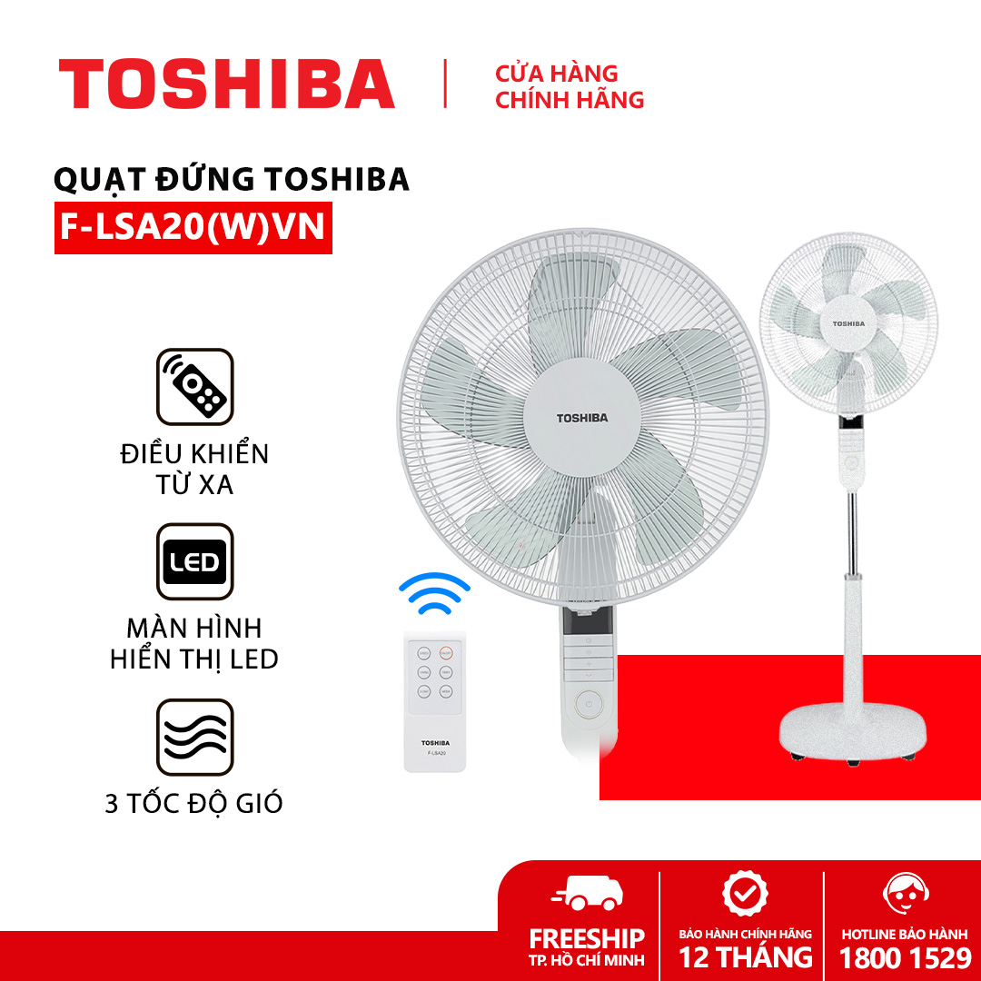 Quạt đứng Toshiba F-LSA20(W)VN 60W - Màu trắng - Điều khiển từ xa - 5 cánh - Hẹn giờ tắt/mở - Màn LED hiển thị - Chế độ gió thông minh - Hàng chính hãng, bảo hành 12 tháng, chất lượng Nhật Bản