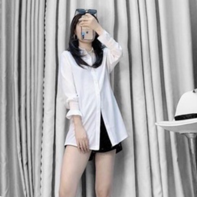 Áo sơ mi nữ trắng thiết kế bo tay cá tính form rộng