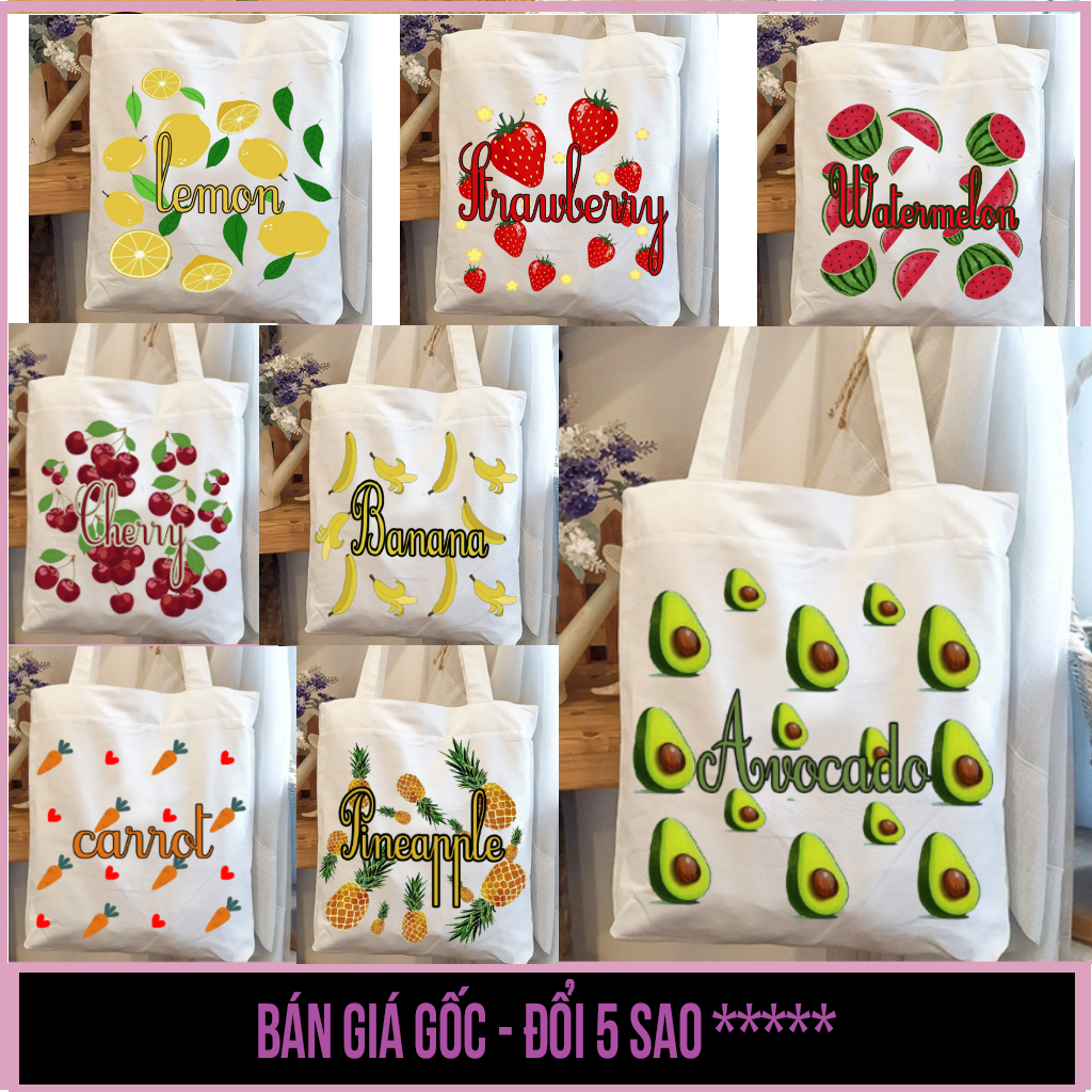 Túi tote, canvas vuông in hình trái cây đáng yêu có khóa kéo - túi mơ to store