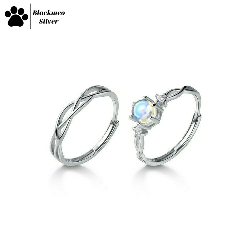 Nhẫn cặp, nhẫn đôi bạc đính đá xanh Moonstone nhân tạo, đá xanh bạc 925