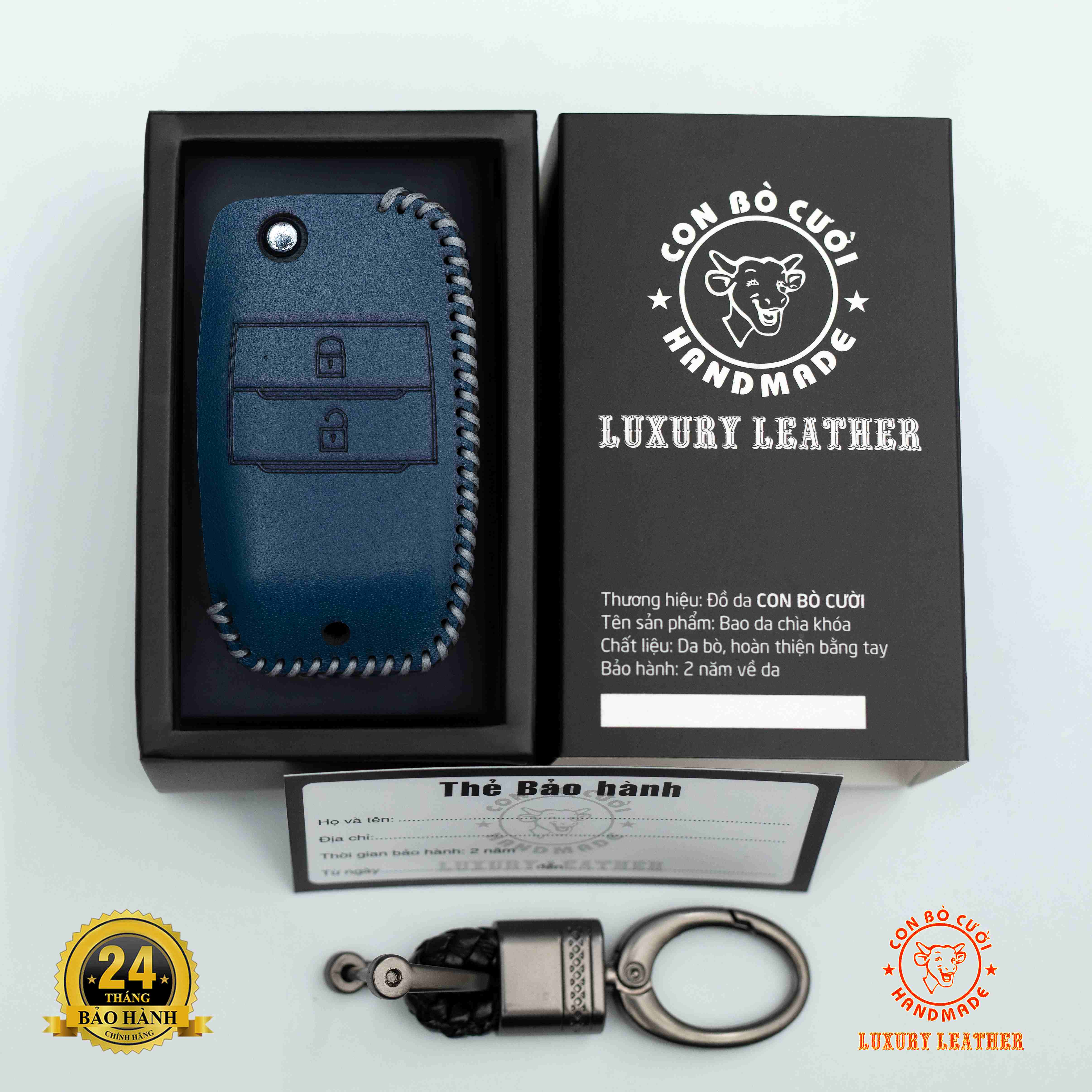 Bao Da Chìa Khóa Kia Morning, Soluto chìa gập 2 nút, Da bò thật bảo hành 2 năm, Khắc tên sđt chủ xe