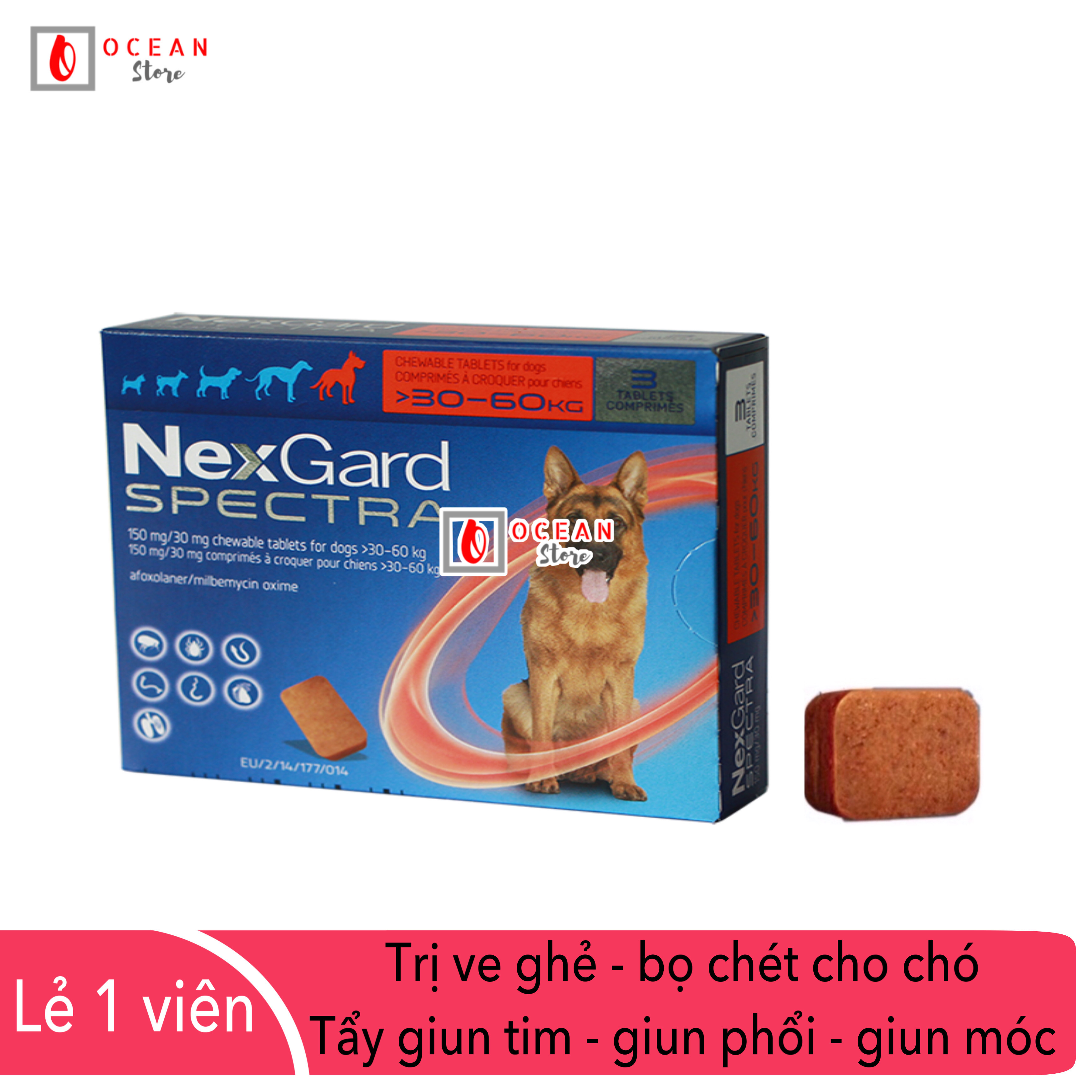Thuốc trị ve ghẻ, bọ chét, demodex, tẩy giun cho chó - 1 viên Nexgard Spectra cho chó 30-60kg (1 tablet 30-60kg - No Box)