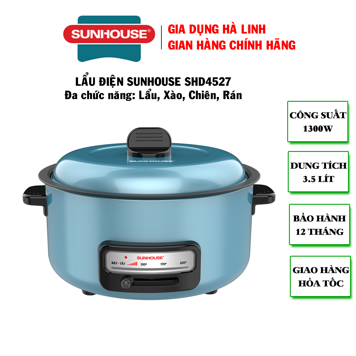 Lẩu điện Sunhouse SHD4527 - Nồi lẩu đa năng Sunhouse - Lẩu điện đa năng Lẩu, Xào, Chiên, Rán  - Lòng nồi chống dính cao cấp, Dung tích 3.5L, Công suất 1300W, Bảo hành 12 tháng