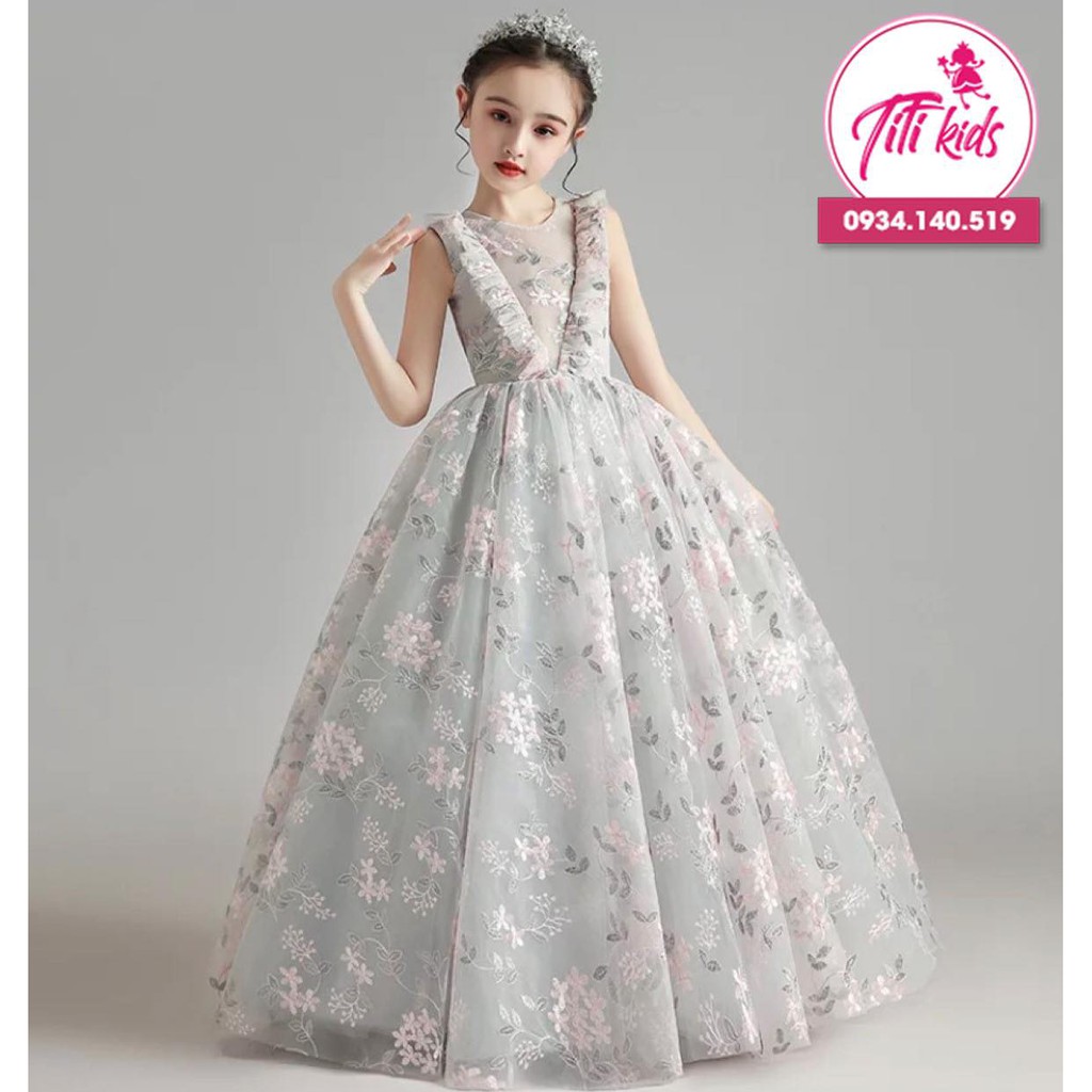 Váy đầm g chúa bé gái xám hoa dự tiệc sang trọng cc076
