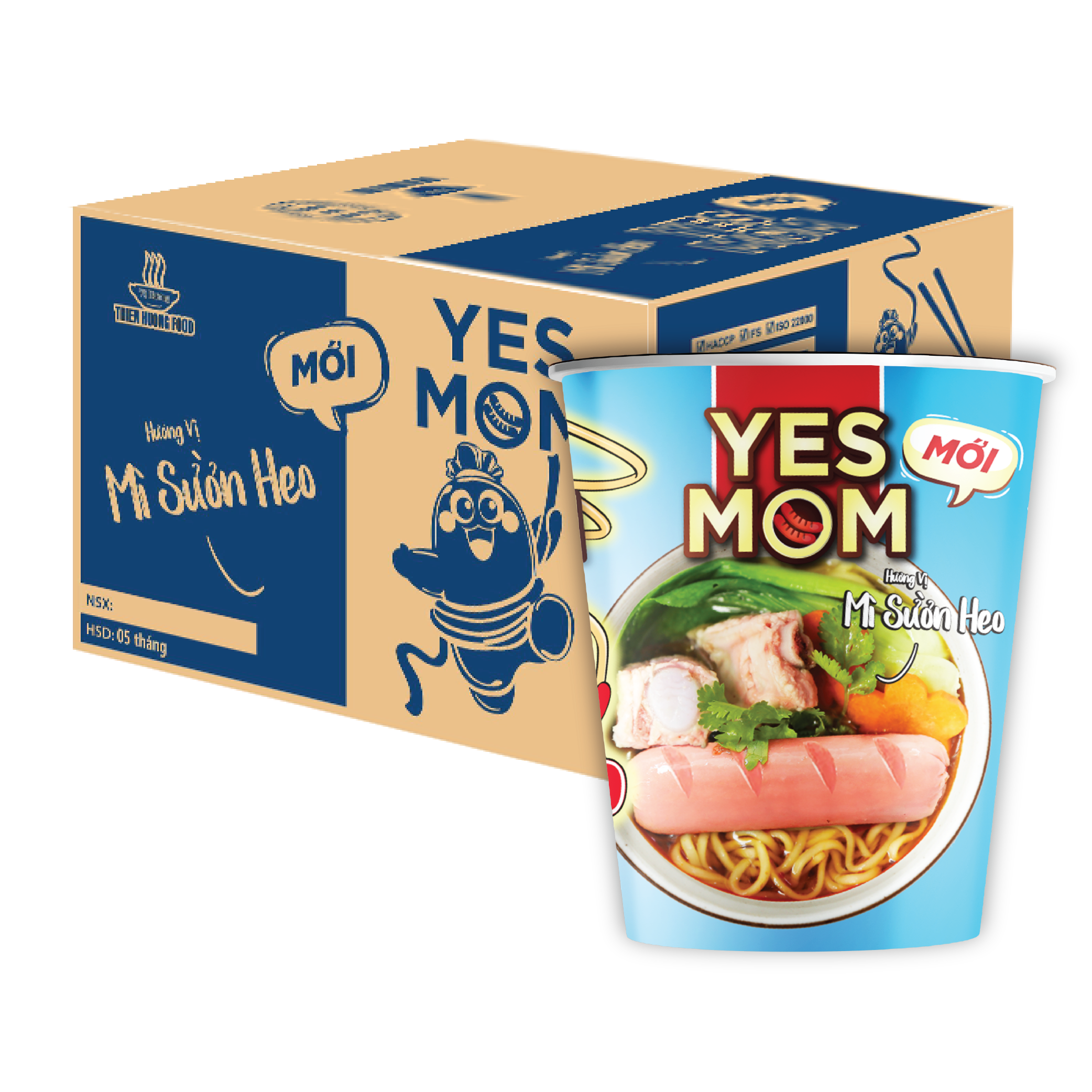 Thùng 24 ly mì sườn heo yes mom có xúc xích 76g/ly