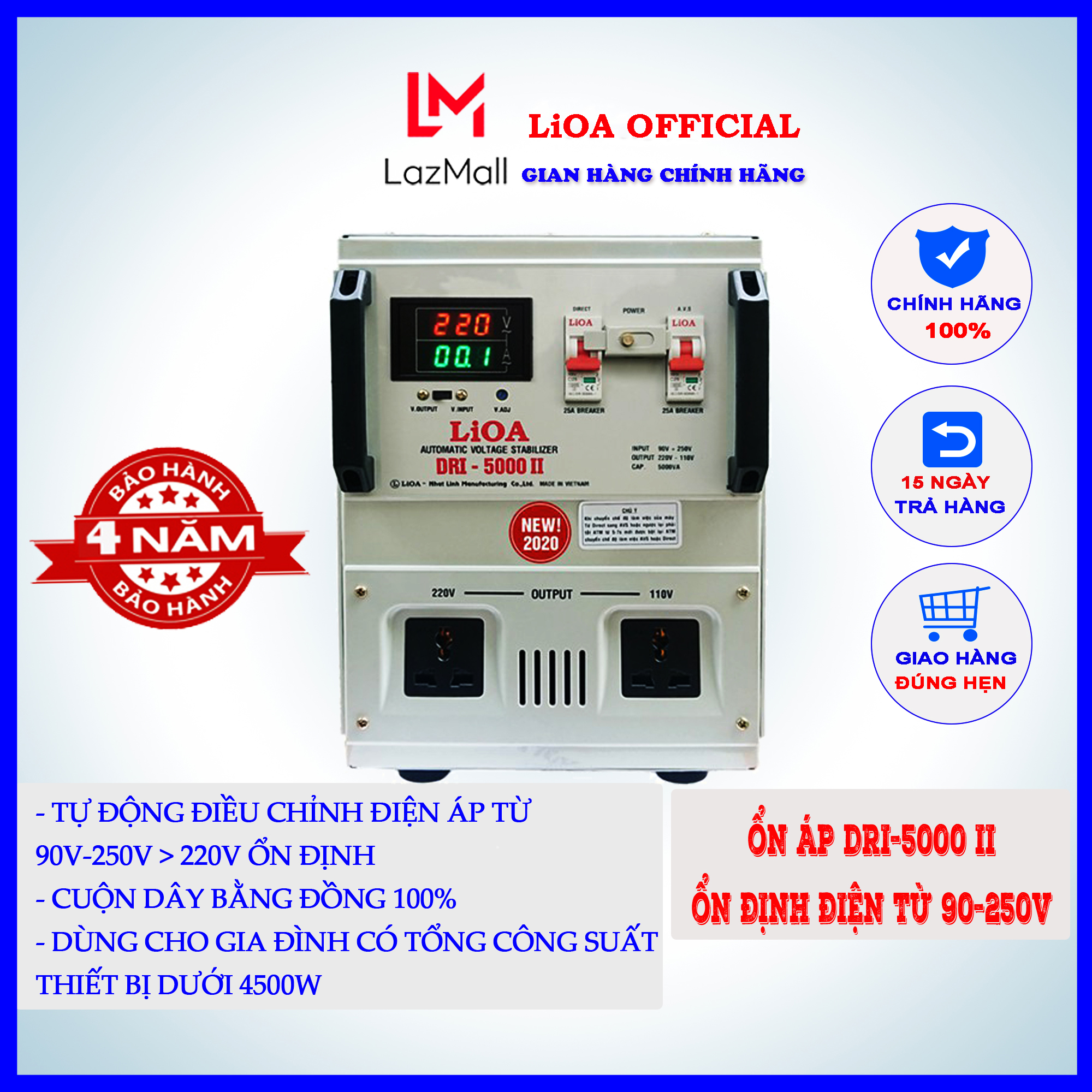 Ổn áp Lioa DRI-5000II tự động điều chỉnh điện áp từ 90v-250v thành điện 220v, cuộn dây bằng đồng 100%