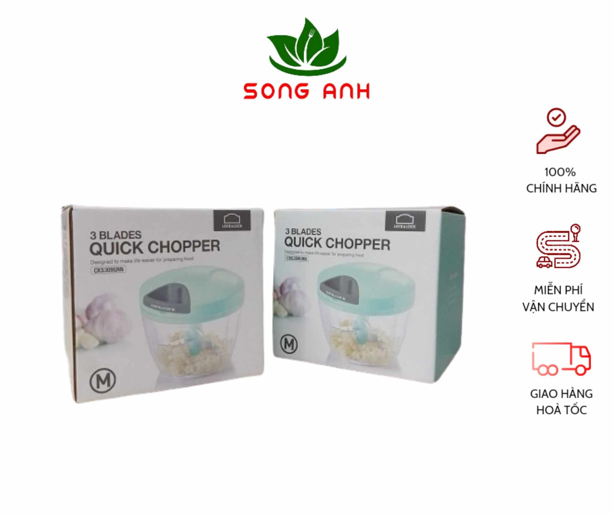 Lock&lock dụng cụ băm tỏi ớt, rau củ quả quick chopper size m 650ml, màu xanh lá cây- cks309grn