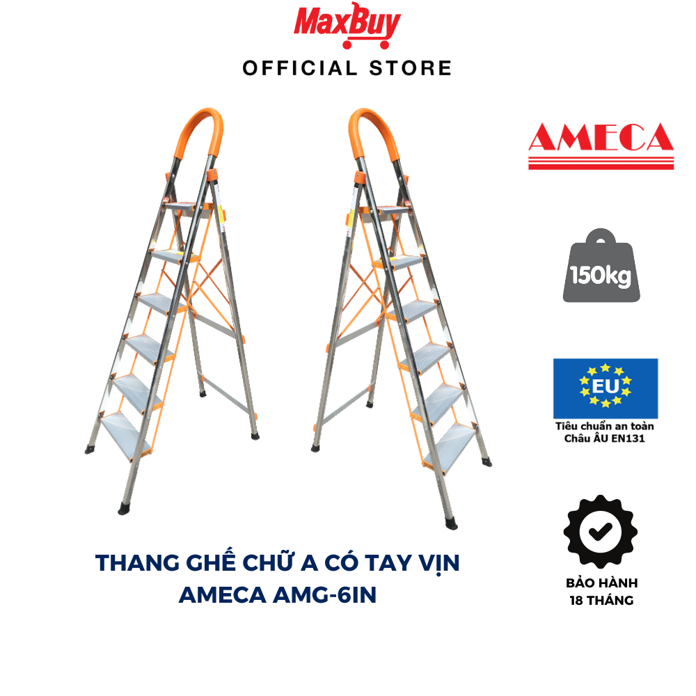 Thang Ghế Inox 6 Bậc Ameca Inox sáng bóng Không han gỉ Chắc chắn Gấp gọn Dễ dàng di chuyển Bảo hành 18 tháng AMG 6IN