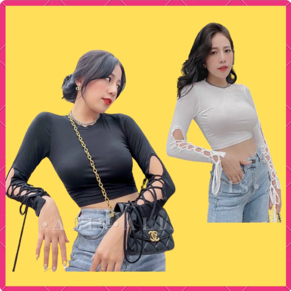 [HCM]Áo Thun Croptop Nữ Kiểu Tua Đan Dây Dài Tay_ Áo Crop Top Crt Tay Dài  Đan Dây Tay Dài Trẻ Trung Màu Trắng Màu Đen Ôm Body Sexy Cổ Tròn