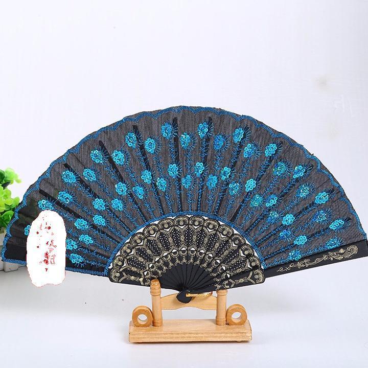 (50k) Quạt cổ trang họa tiết lông công nan nhựa nền xanh quạt cẩm tay trang trí cosplay