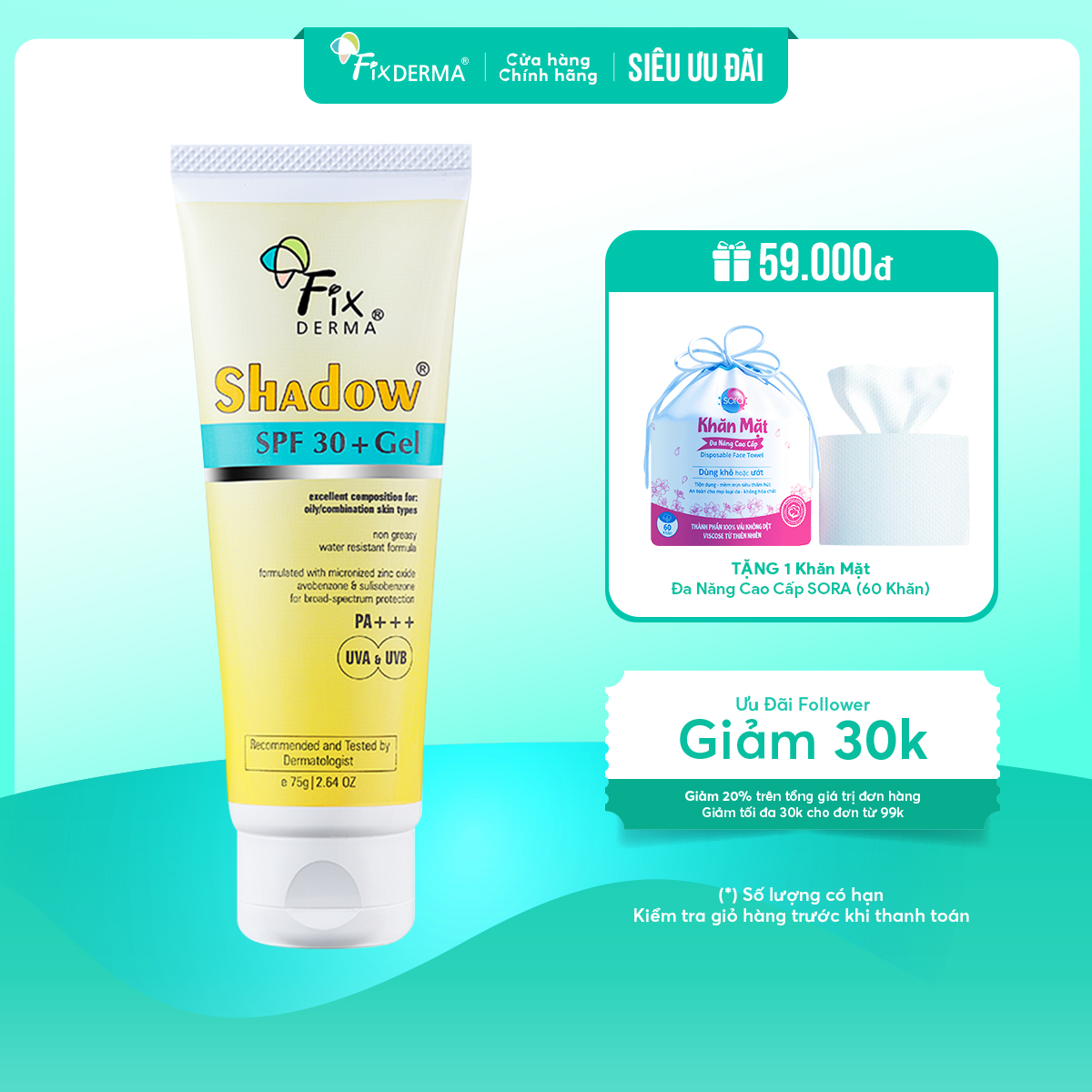 [Hàng chính hãng] Kem chống nắng da mặt da dầu mụn Fixderma Shadow SPF 30+ Gel kem chống nắng fixderma shadow chống nắng toàn thân hiệu quả hơn xịt chống nắng Fixderma Việt Nam