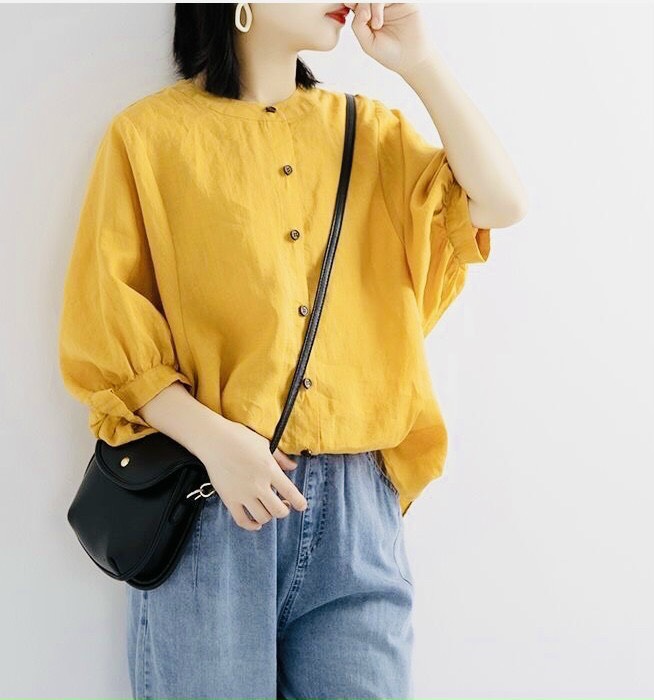 Áo sơ mi form rộng cổ trụ