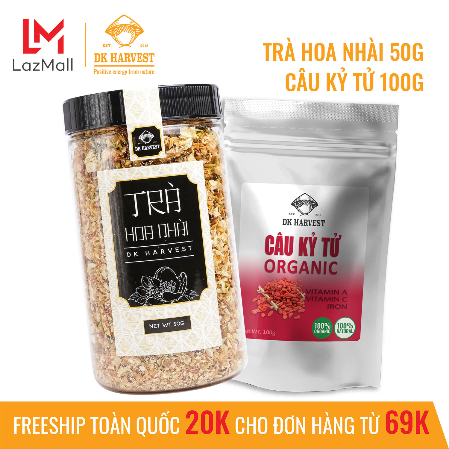 Combo siêu tiết kiệm - 1 trà hoa nhài dk harvest 50g, 1 câu kỷ tử dk harvest 100g