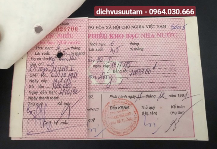 01 bộ tín phiếu kho bạc nhà nước sưu tầm loại hồng nhạt