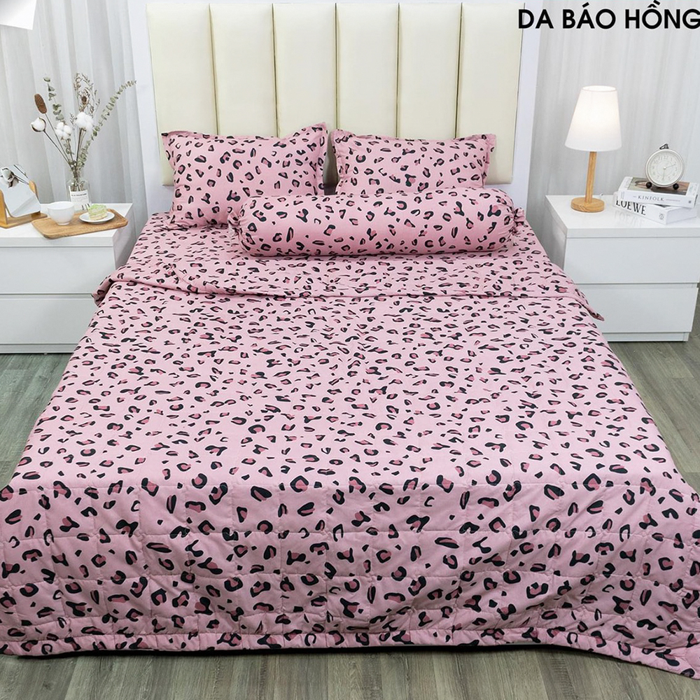 Sét 5 món chăn hè kèm ga gối nhiều kích thước ga, bộ 5 món chăn hè mẫu báo hồng